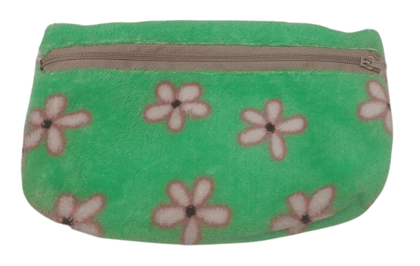 Green plush floral coin purse with white flowers and a grey zipper.
