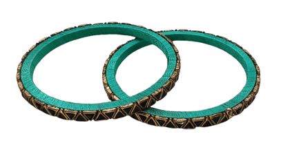 Green Silk Thread Bangle with Golden Triangle Design