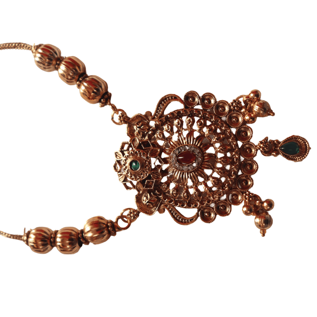 Gold-plated traditional Indian necklace with red and green stones