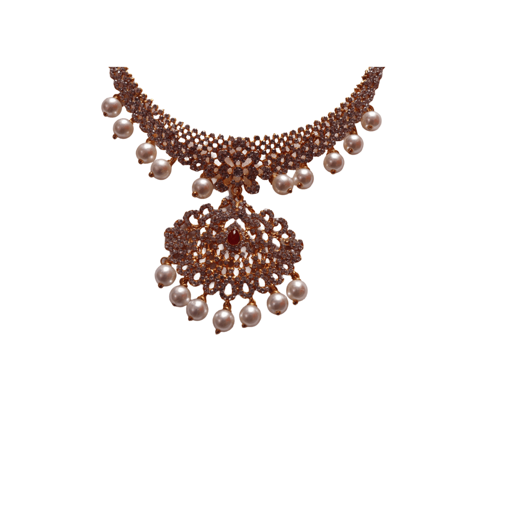 Pearl and Cubic Zirconia Bridal Necklace Set in Gold Plated Alloy