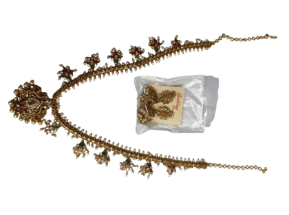 Gold-plated traditional South Indian temple jewellery haram with matching jhumkas