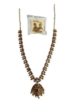 Gold-plated traditional Indian long haram necklace with matching earrings for women
