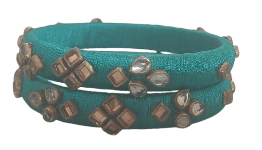 Indian Silk Thread Bangle Set with Kundan and Pearl Embellishment - Peacock Green - Bangles & Bracelets | Buy online on ZillyBuy