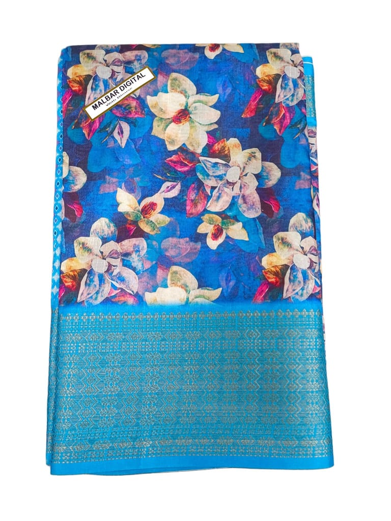 Blue Floral Saree With Golden Border - Sarees | Buy online on ZillyBuy