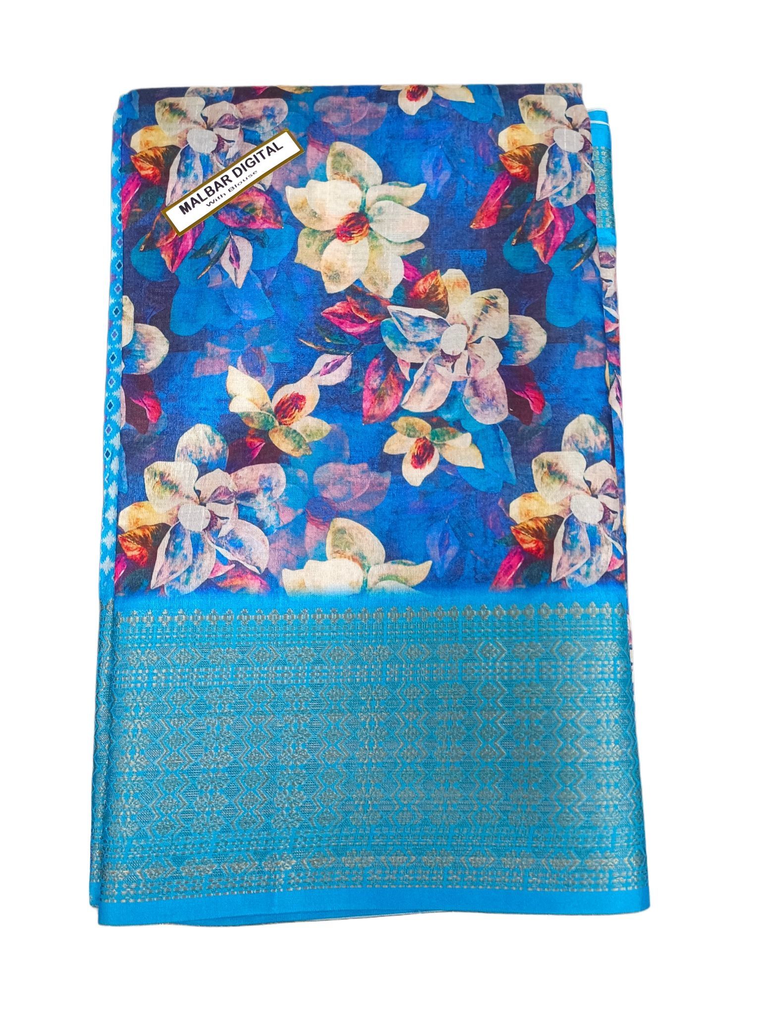 Blue Floral Saree With Golden Border