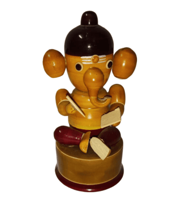 Wooden Hand Carved Lord Ganesha Sitting on a Stool Sculpture