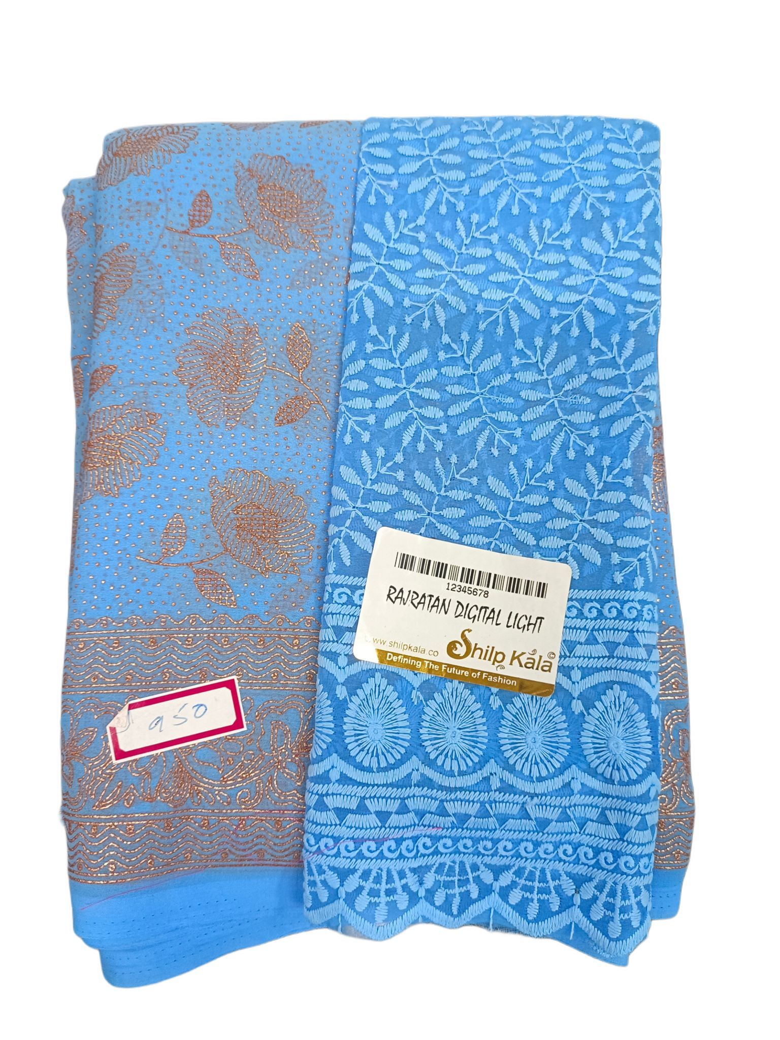 Blue and White Floral Embroidered Cotton Saree