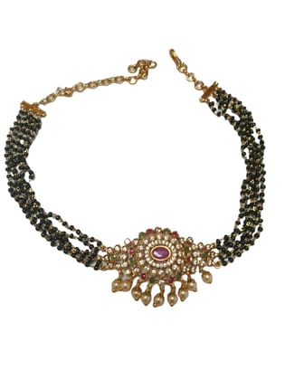Gold Plated Traditional Indian Kempu Necklace Set with Black Beads for Women
