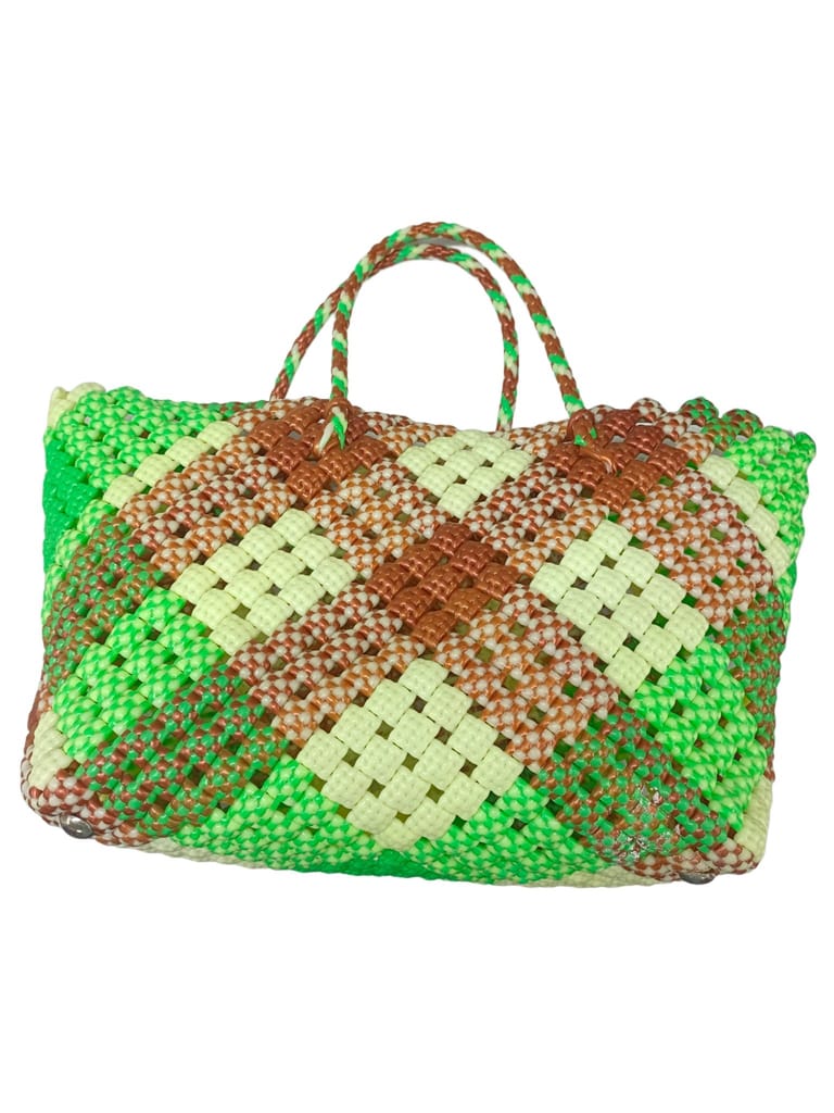 Handmade Green and Brown Plastic Woven Mini Tote Bag with Double Handles