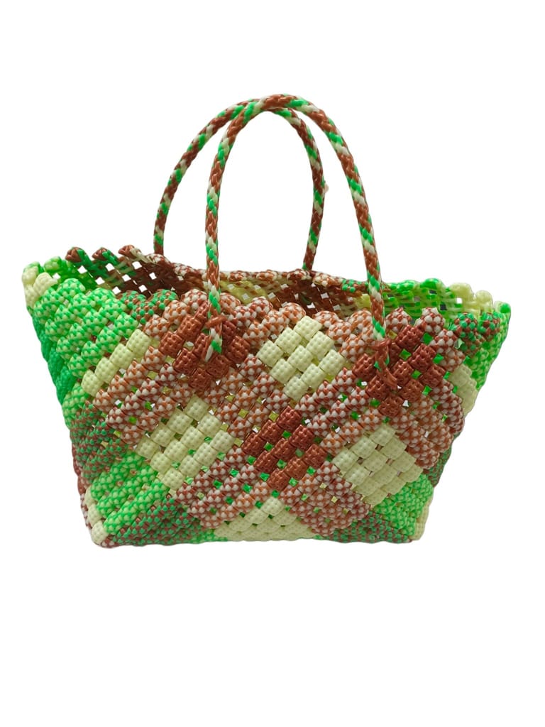Handmade Green and Brown Plastic Woven Mini Tote Bag with Double Handles