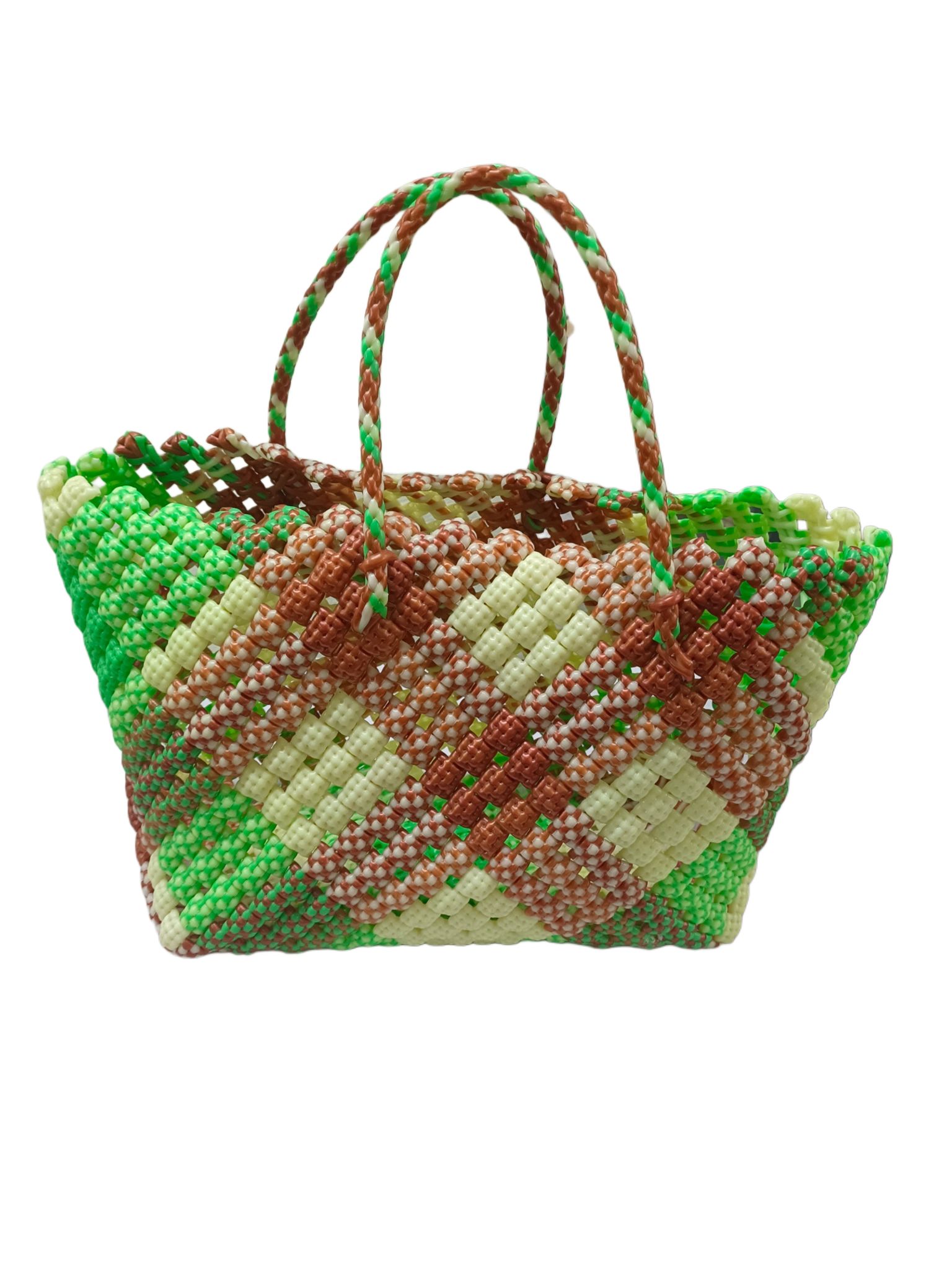 Handmade Green and Brown Plastic Woven Mini Tote Bag with Double Handles