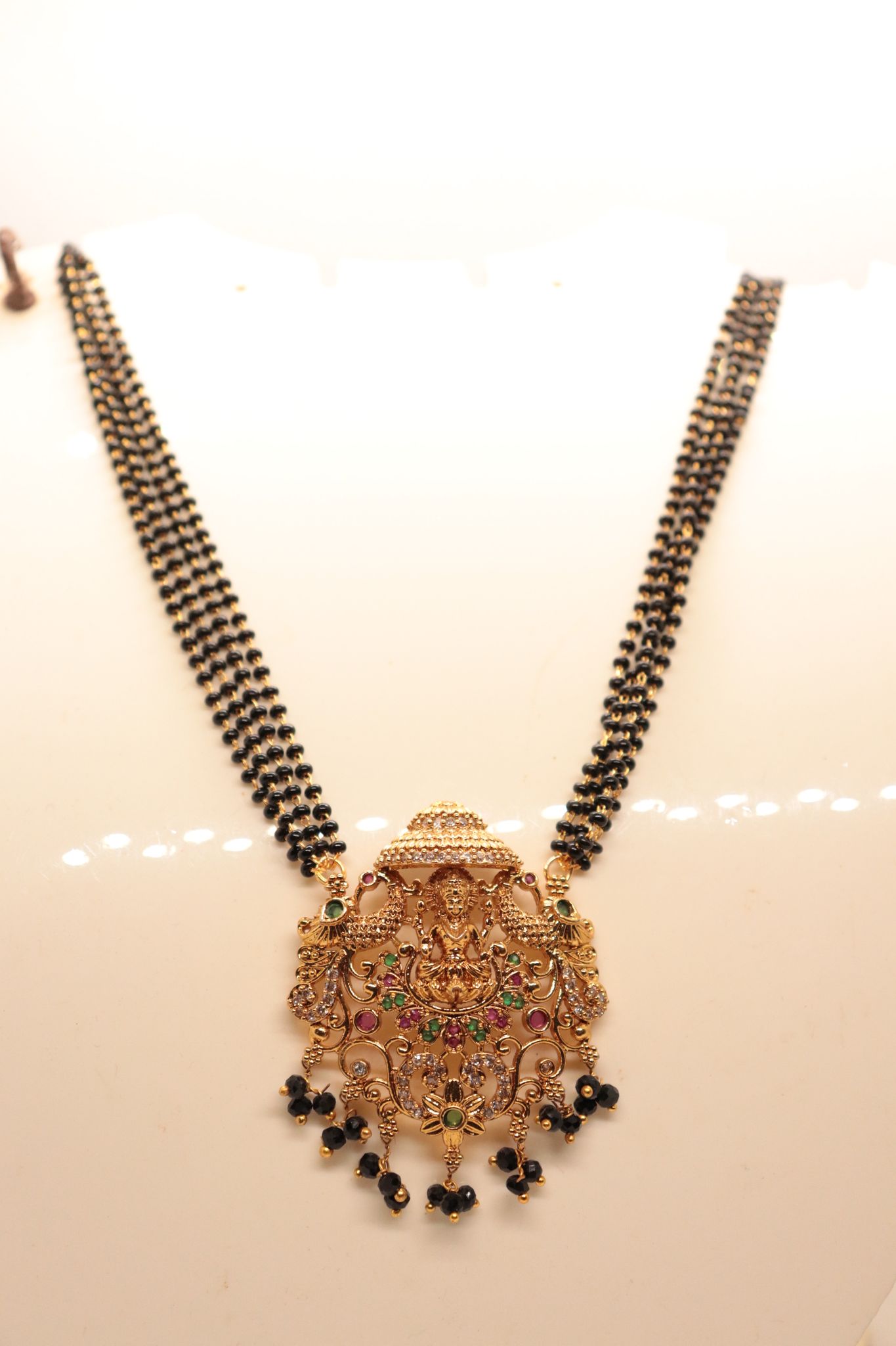 Gold Antique finish Pendant Set with Black Beads Mangalsutra