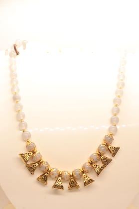 White and Gold Beaded Necklace with Triangle Accents
