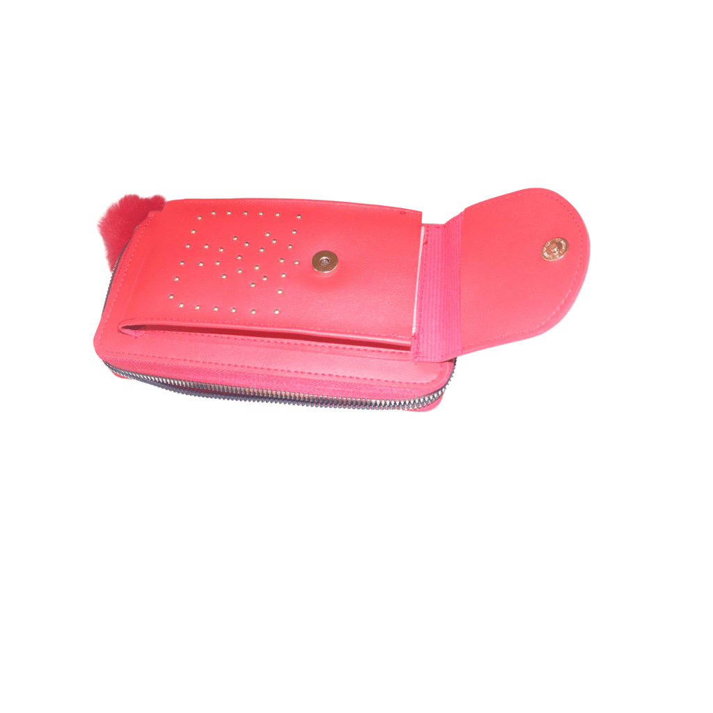 Red Embossed PU Leather Wallet with Fur Ball Charm