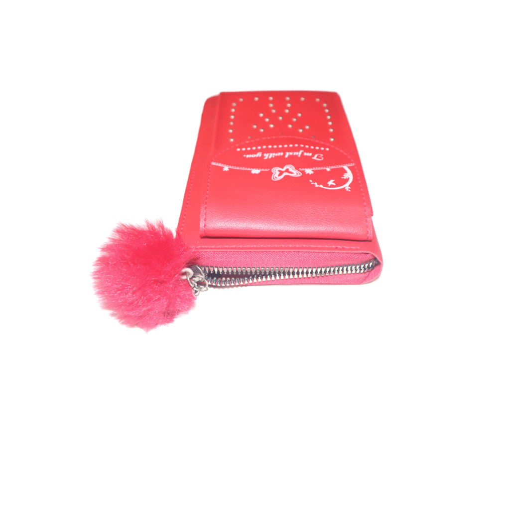 Red Embossed PU Leather Wallet with Fur Ball Charm