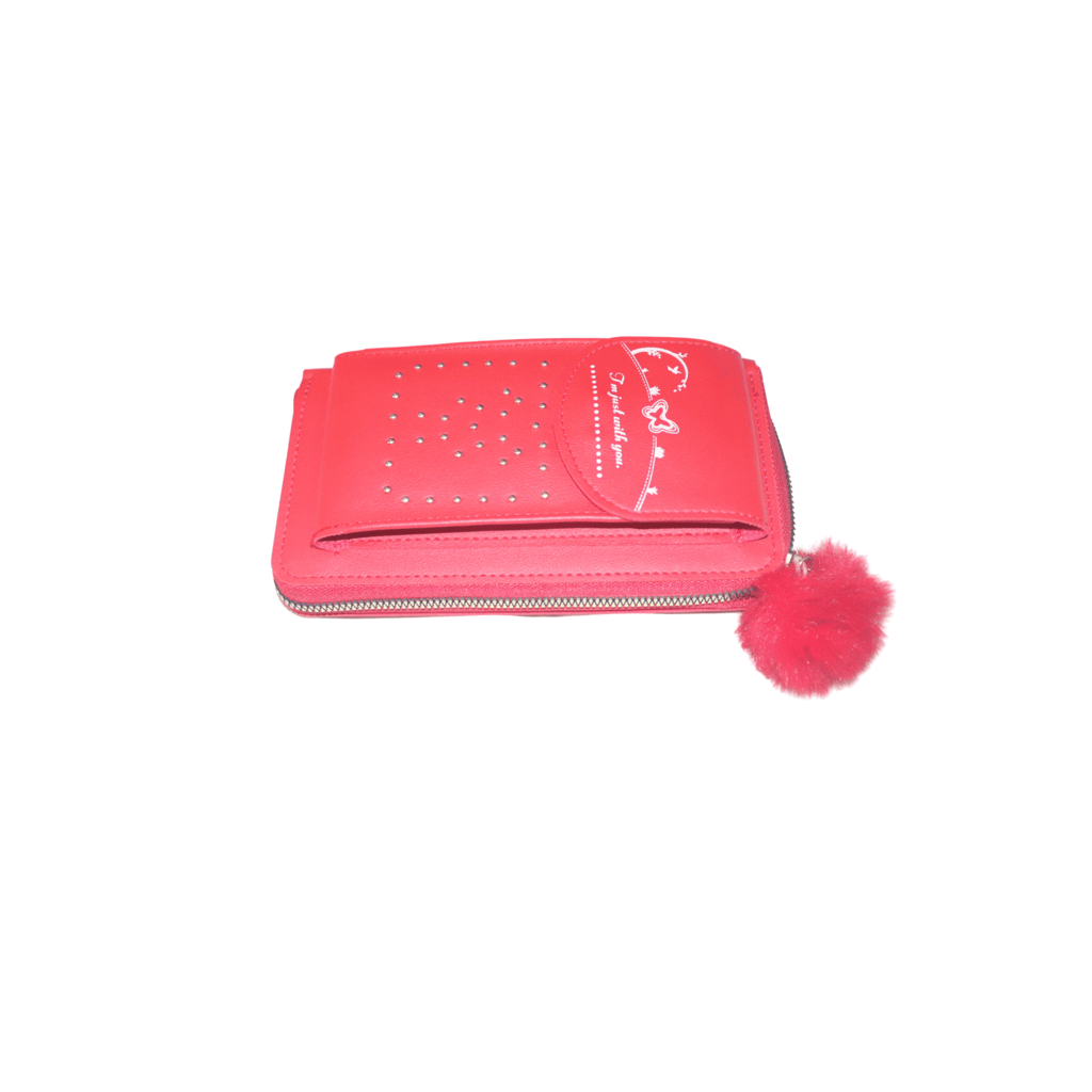 Red Embossed PU Leather Wallet with Fur Ball Charm