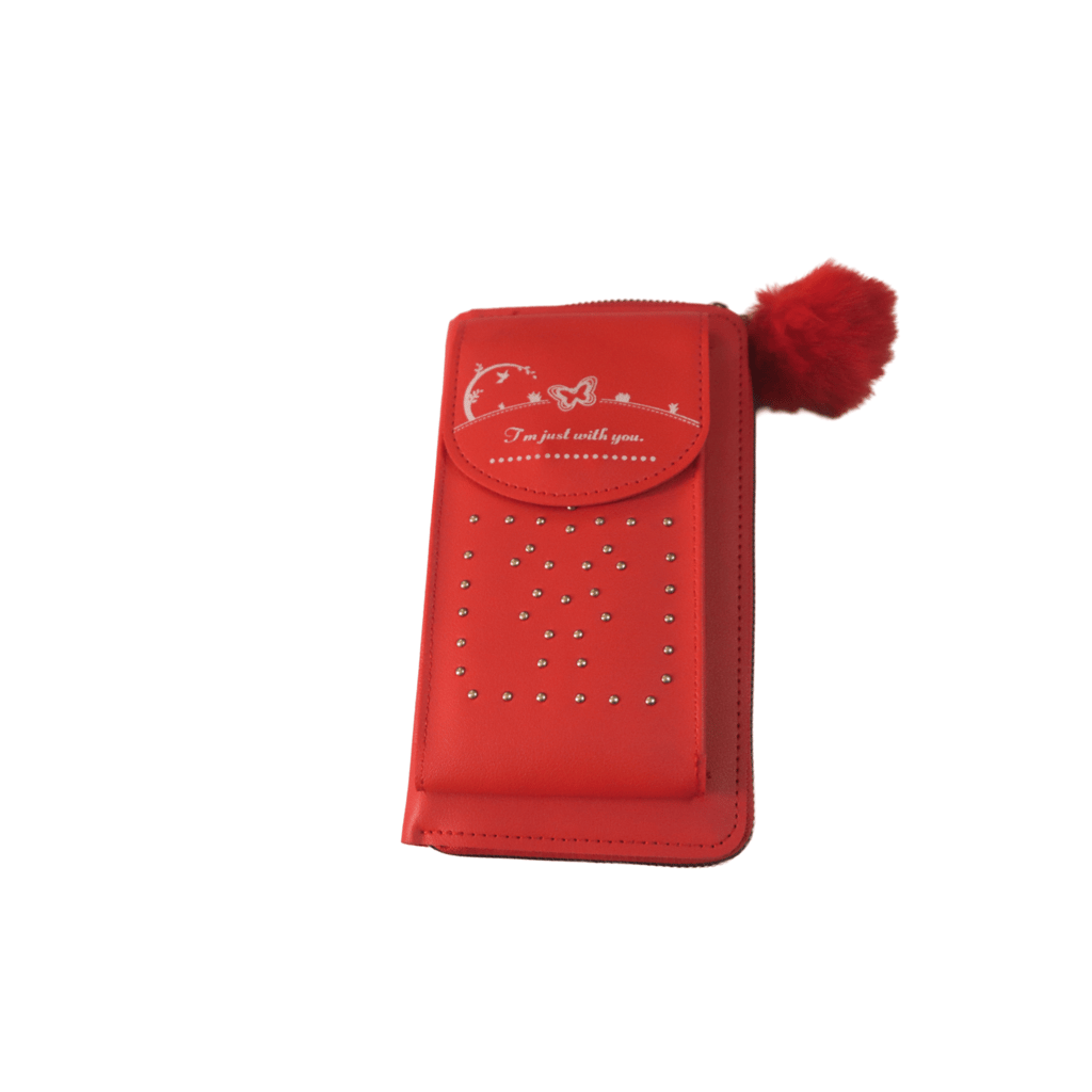 Red Embossed PU Leather Wallet with Fur Ball Charm