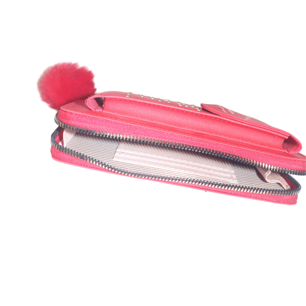 Red Embossed PU Leather Wallet with Fur Ball Charm