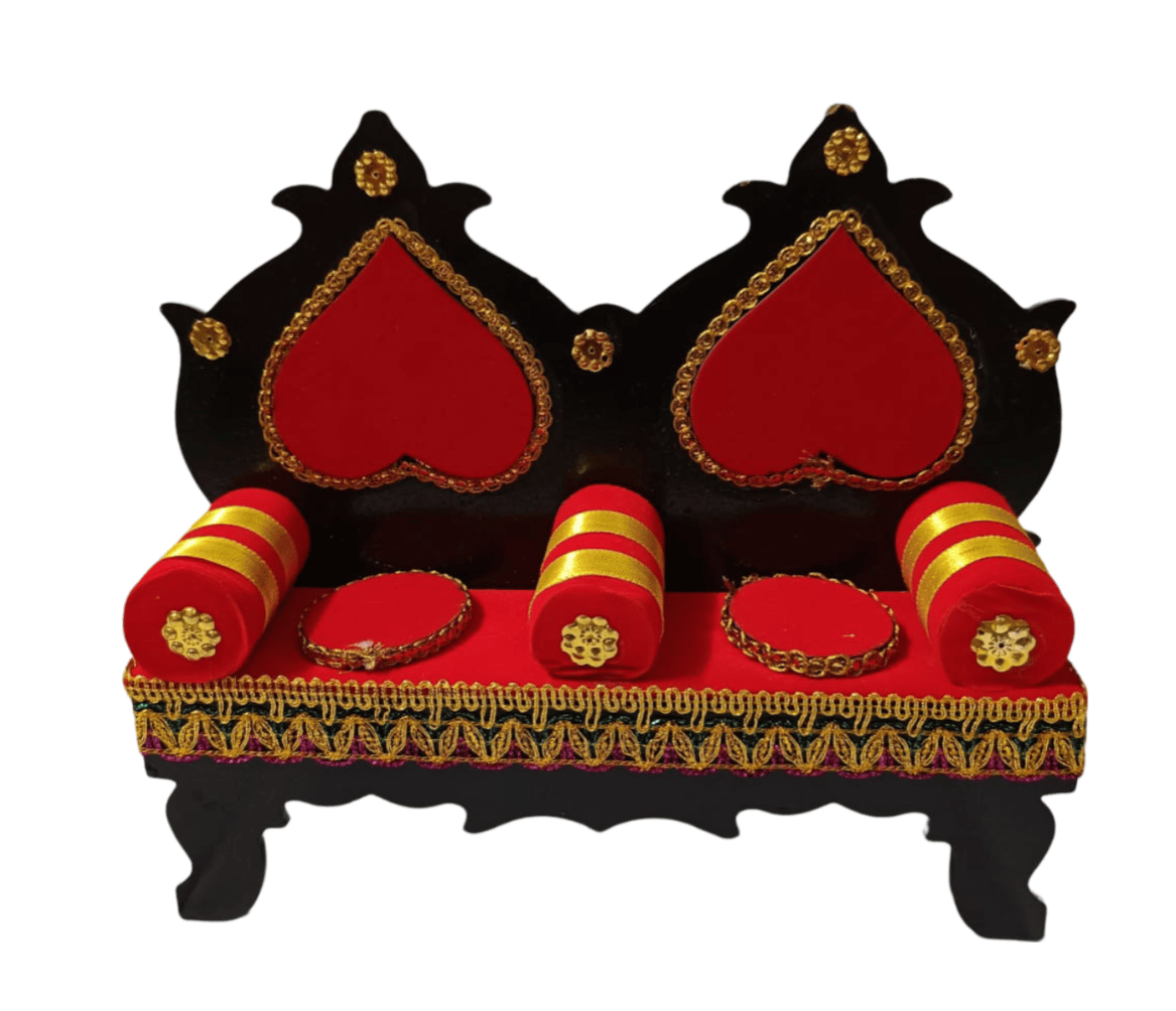 Wooden Mandir Sofa with Red Velvet Cushions and Golden Accents