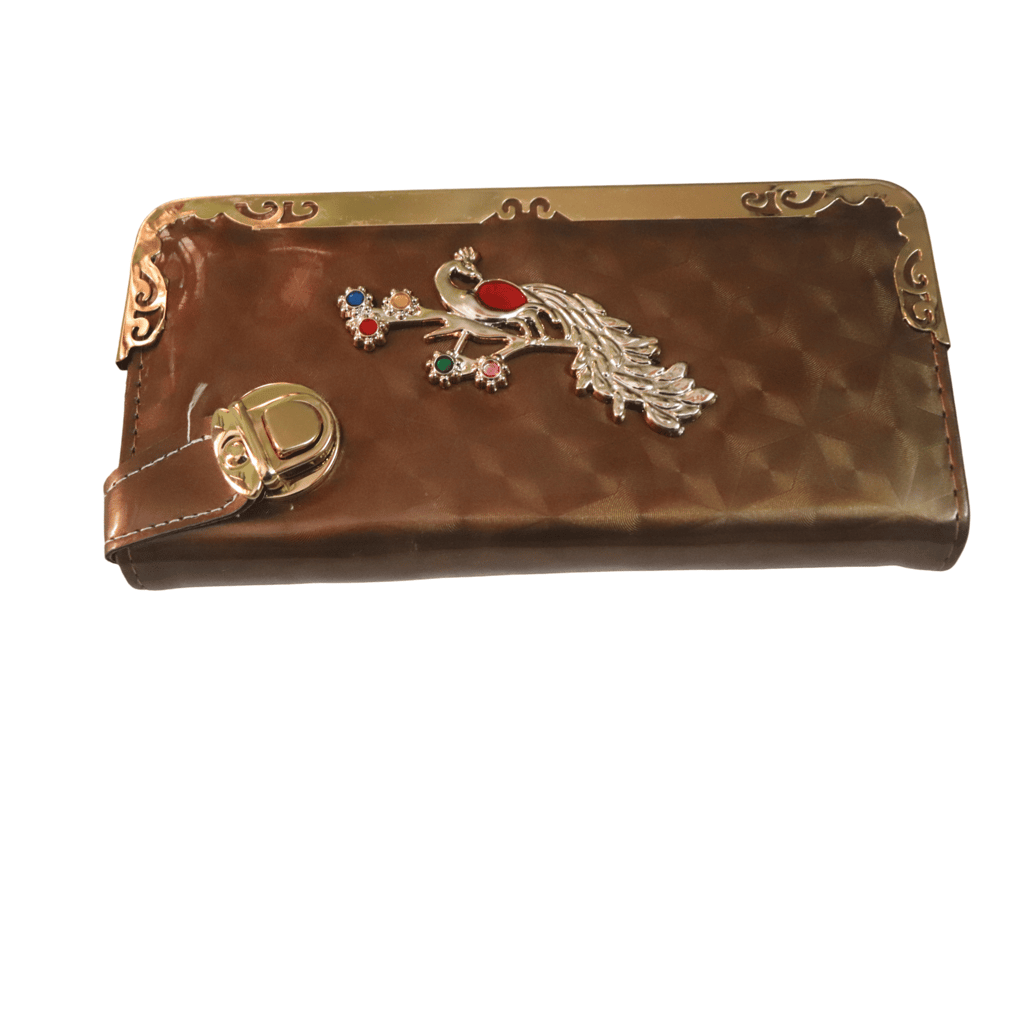 Women's Brown Faux Leather Wallet with Gold Peacock Accents
