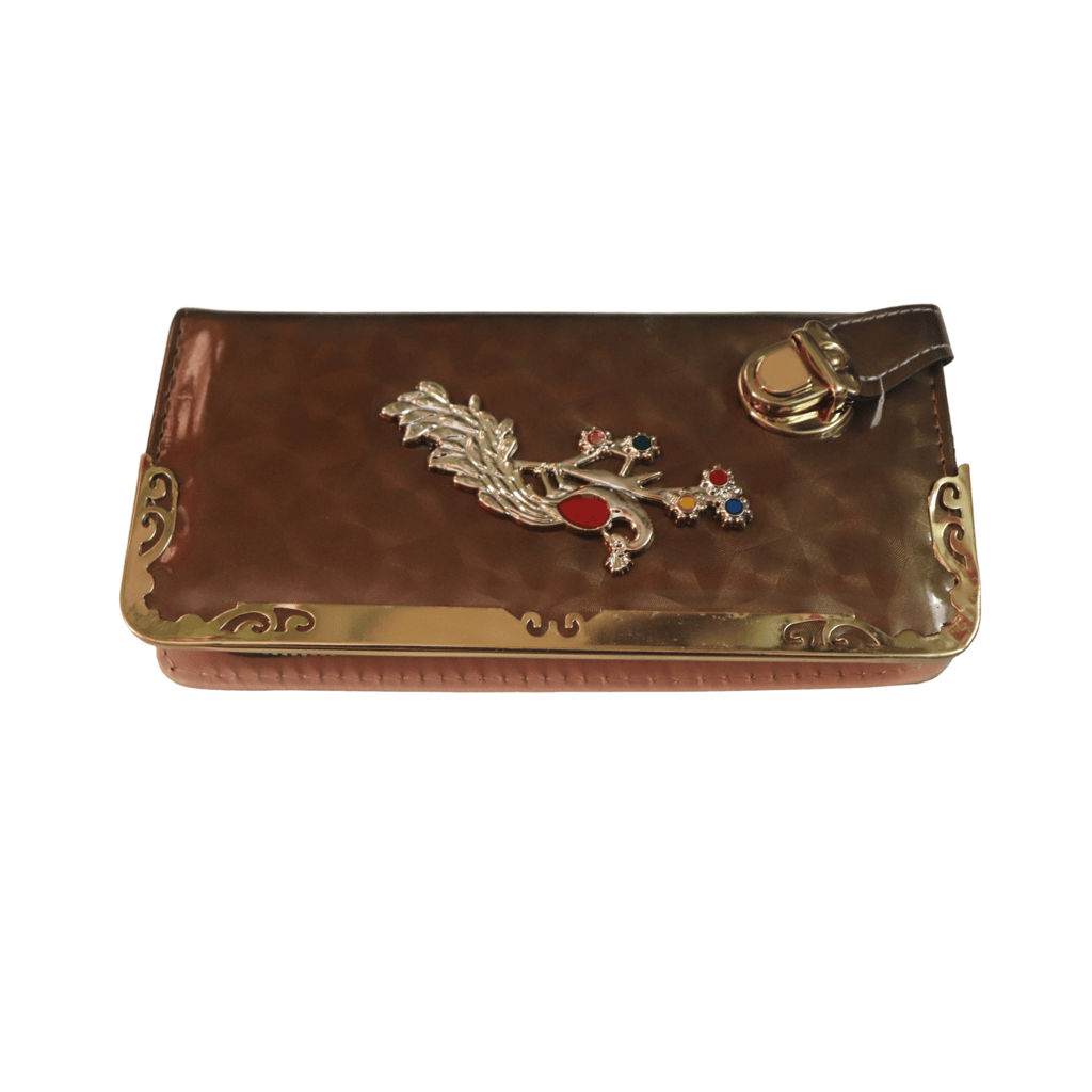 Women's Brown Faux Leather Wallet with Gold Peacock Accents