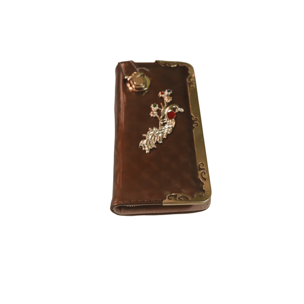 Women's Brown Faux Leather Wallet with Gold Peacock Accents