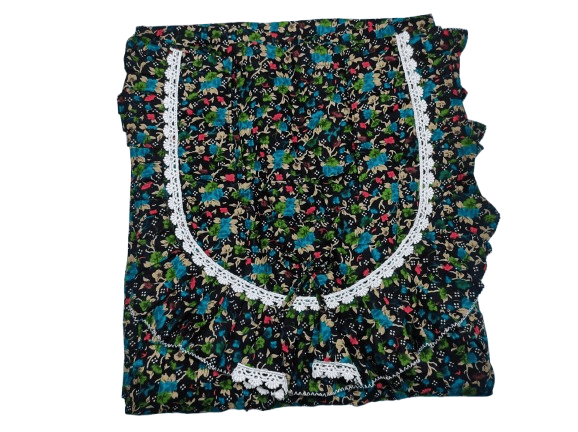 100% Cotton Floral Print Maxi Kaftan Dress with Ruffles and Lace Trim