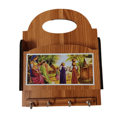 Wooden Key Holder with Village Scene Painting and 4 Hooks for Wall Mount