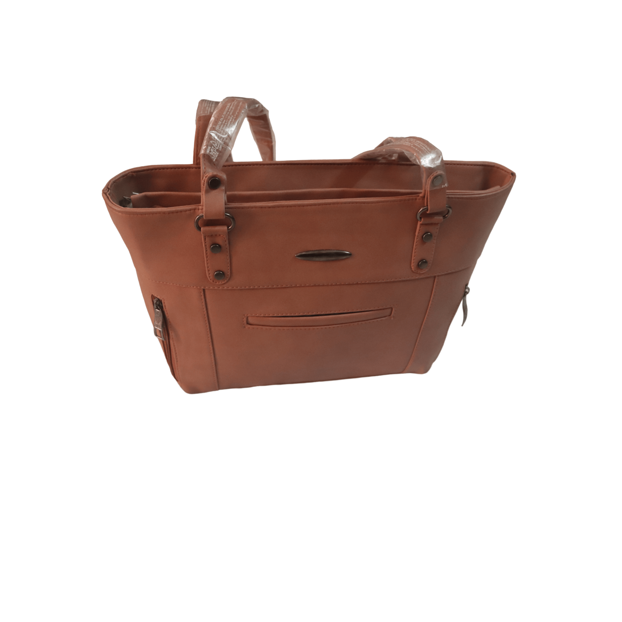 Women's Brown Faux Leather Tote Bag with Double Handles and Zip Closure