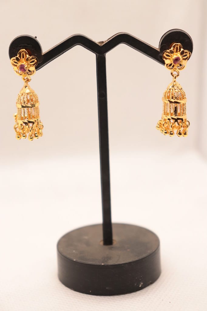 Gold Plated Filigree Jhumka Earrings with Ruby Stones