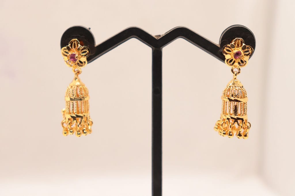 Gold Plated Filigree Jhumka Earrings with Ruby Stones