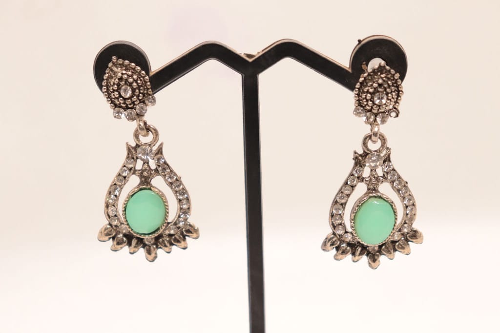 Silver Green Teardrop Earrings with Cubic Zirconia