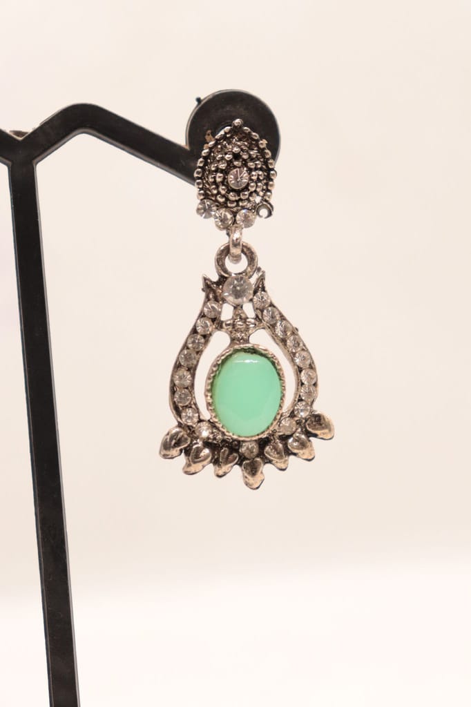 Silver Green Teardrop Earrings with Cubic Zirconia