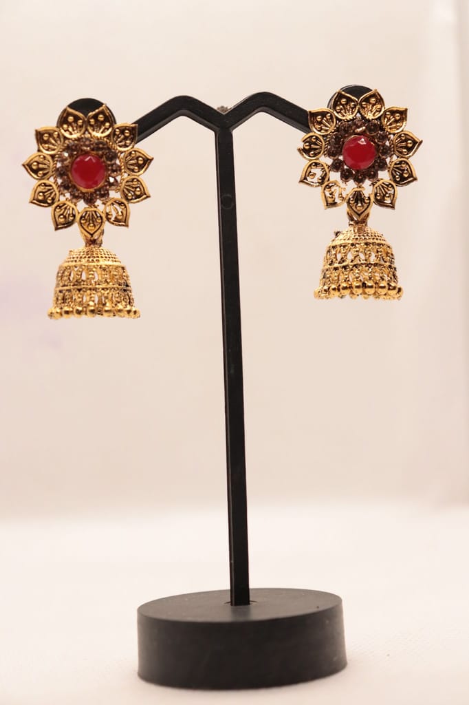 "Stunning Red Stone Jhumka Earrings with Intricate Gold Design"