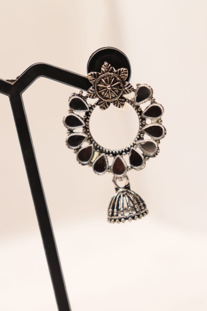 Oxidized Silver Mirror Work Chandbali Earrings With Bells