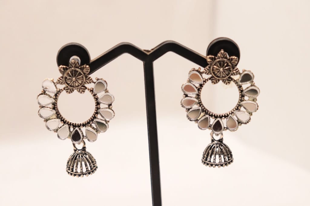 Oxidized Silver Mirror Work Chandbali Earrings With Bells