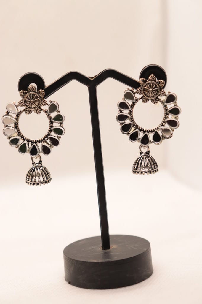 Oxidized Silver Mirror Work Chandbali Earrings With Bells