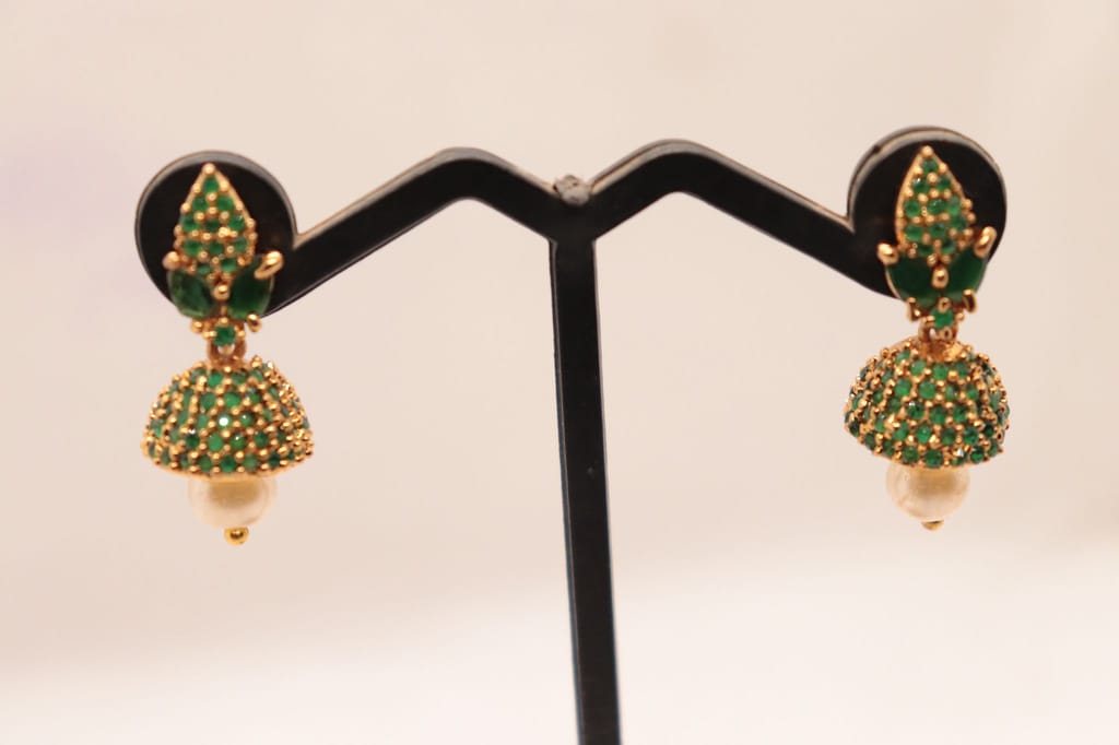"Stunning Gold Plated Green Stone Pearl Jhumka Earrings for Women" - Earrings | Buy online on ZillyBuy