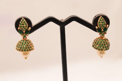"Stunning Gold Plated Green Stone Pearl Jhumka Earrings for Women"