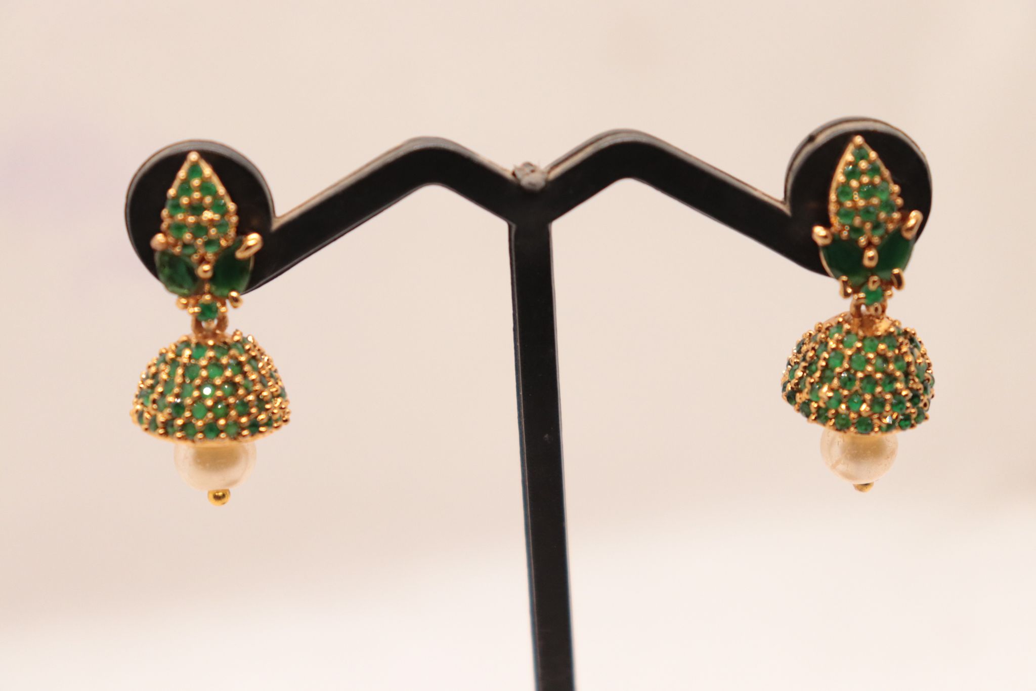 "Stunning Gold Plated Green Stone Pearl Jhumka Earrings for Women"