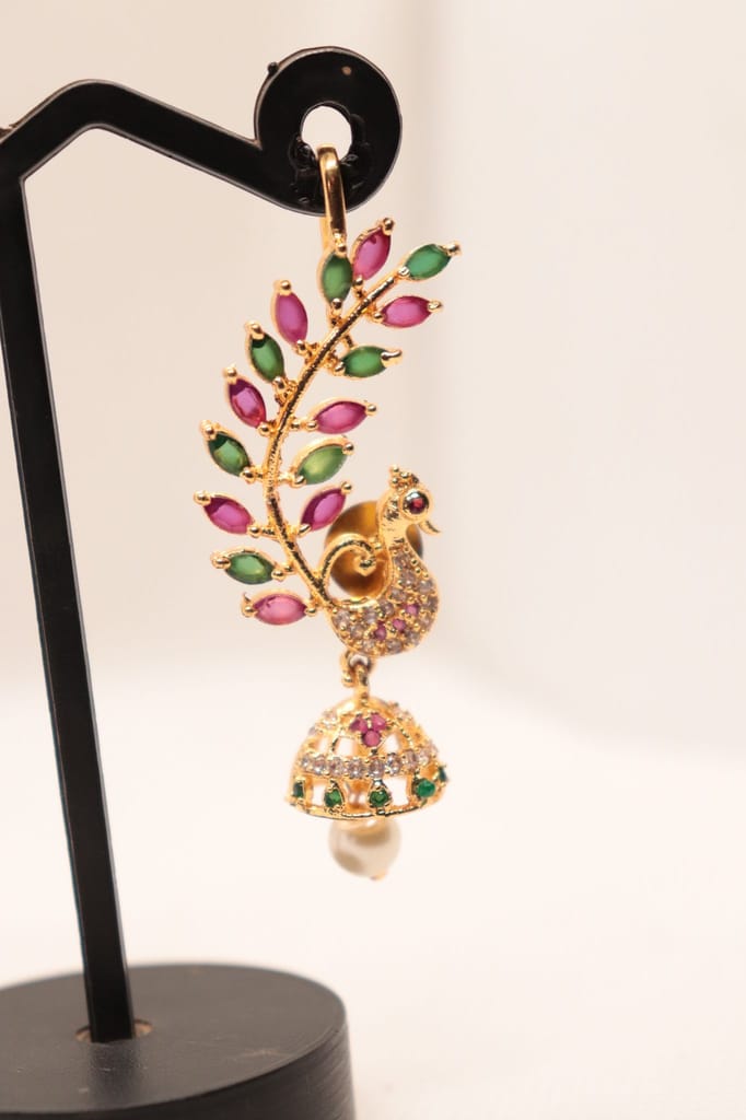 Gold Plated Kundan Meenakari Peacock Jhumka Earrings With Pearls