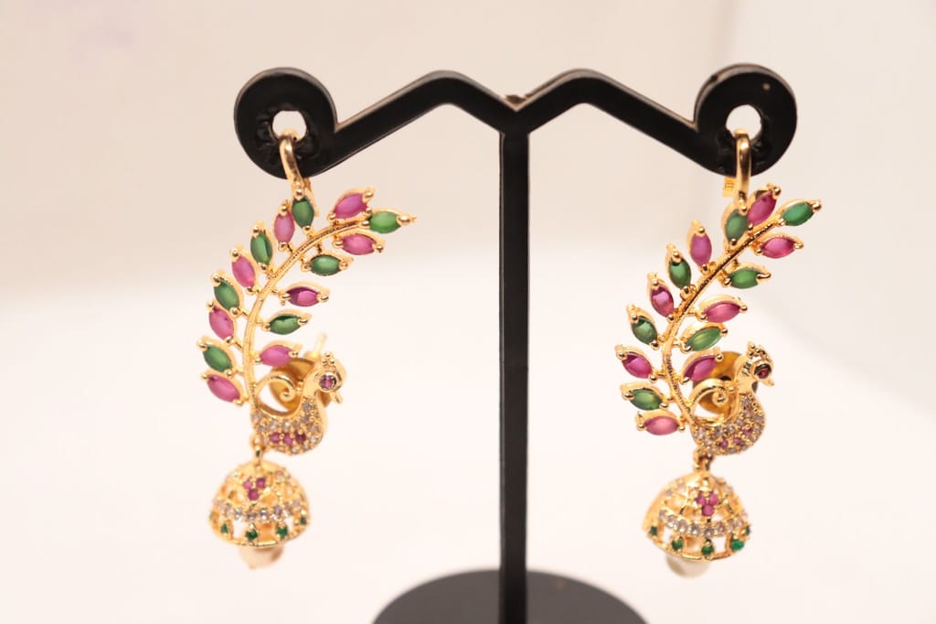 Gold Plated Kundan Meenakari Peacock Jhumka Earrings With Pearls