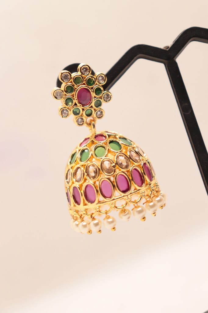 Exquisite Gold Plated Kundan and Pearl Jhumka Earrings with Ruby and Emerald Stones