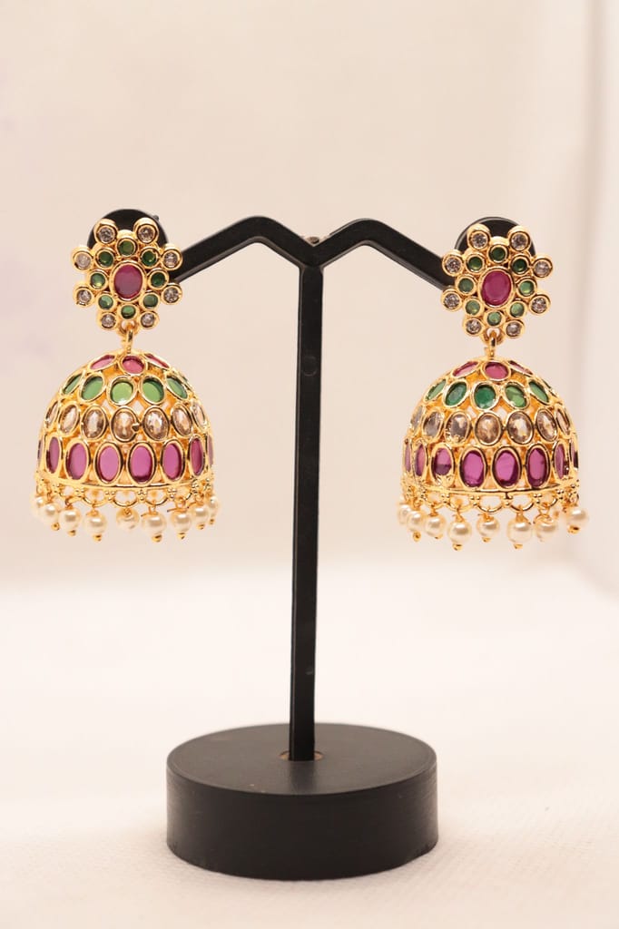 Exquisite Gold Plated Kundan and Pearl Jhumka Earrings with Ruby and Emerald Stones
