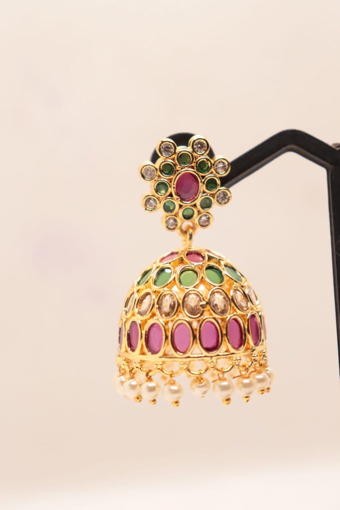 Exquisite Gold Plated Kundan and Pearl Jhumka Earrings with Ruby and Emerald Stones