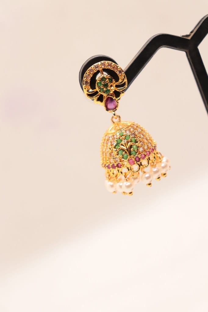 Jhumka Earrings with Ruby and Emerald Stones and Pearl Drops