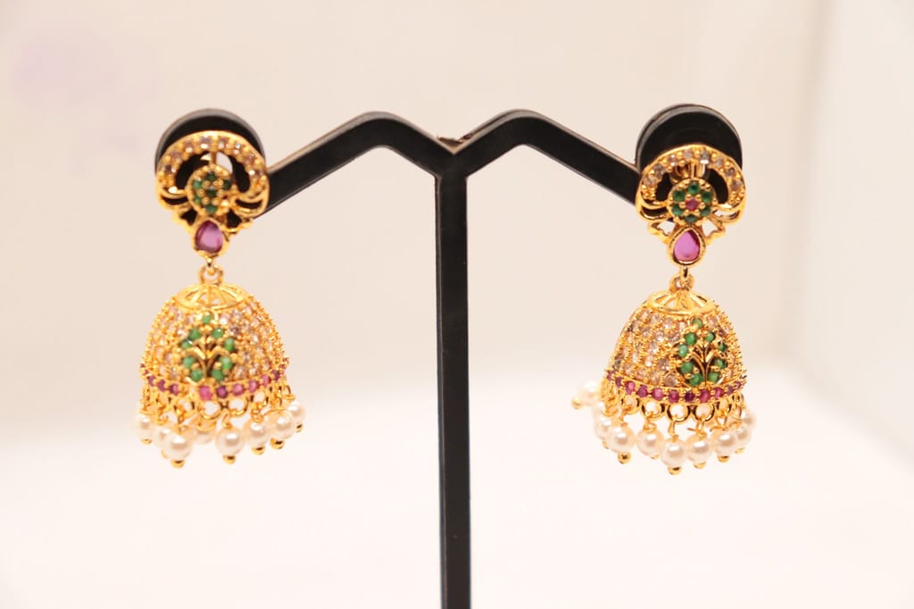 Jhumka Earrings with Ruby and Emerald Stones and Pearl Drops