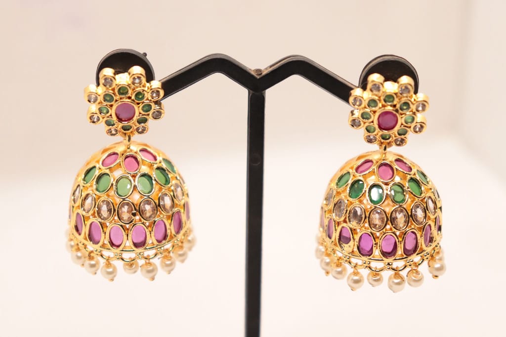 Exquisite Gold Plated Kundan and Pearl Jhumka Earrings with Ruby and Emerald Stones