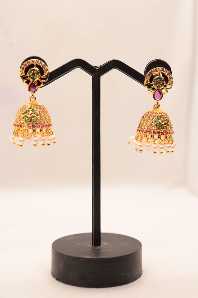 Jhumka Earrings with Ruby and Emerald Stones and Pearl Drops