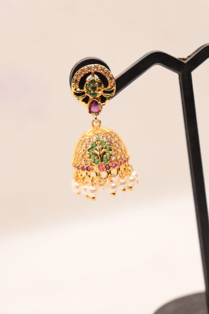 Jhumka Earrings with Ruby and Emerald Stones and Pearl Drops